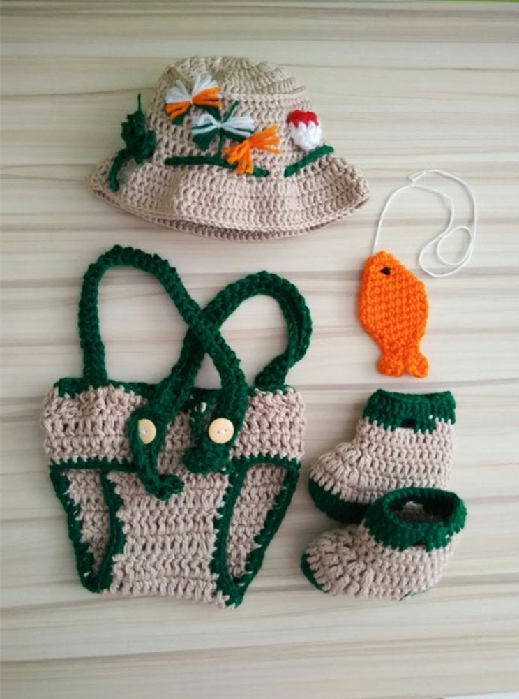 Pinbo Baby Photography Prop Crochet Fishing Fisherman & Fish Hat Diaper Shoes - Image 3